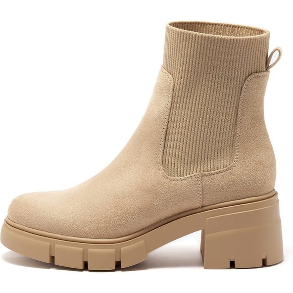Women's Nude Suede Elastic Chelsea Boots Chunky Block Heel Platform Ankle Boots - Picture 2 of 6